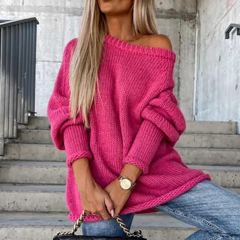 Autumn Winter Commute Loose Off-shoulder Sweater Female Solid Color Long Sleeves O Neck Knitted Pullovers Fashion Party Blouses