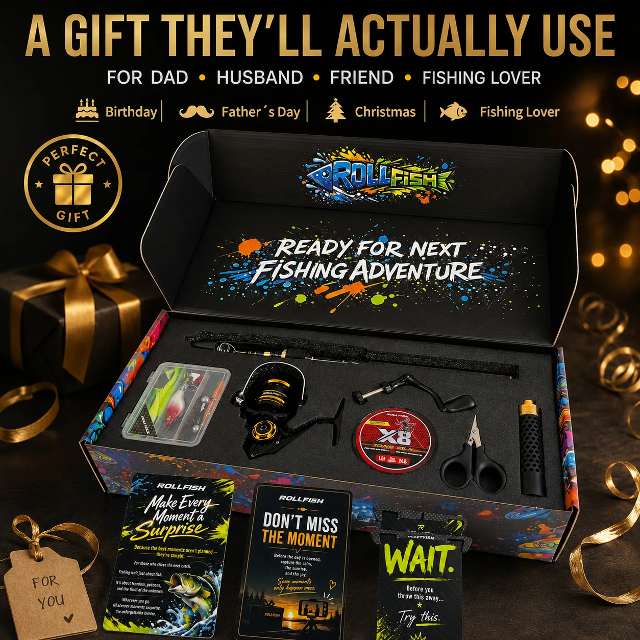 ROLLFISH Teleskop-Bass-Angelrute mit Rolle, Geschenkbox-Set, Schnur, Köder, Schere, M-Power, Reise-Angelrute, Geschenke für Männer, Väter, Ehemänner – Detail 11
