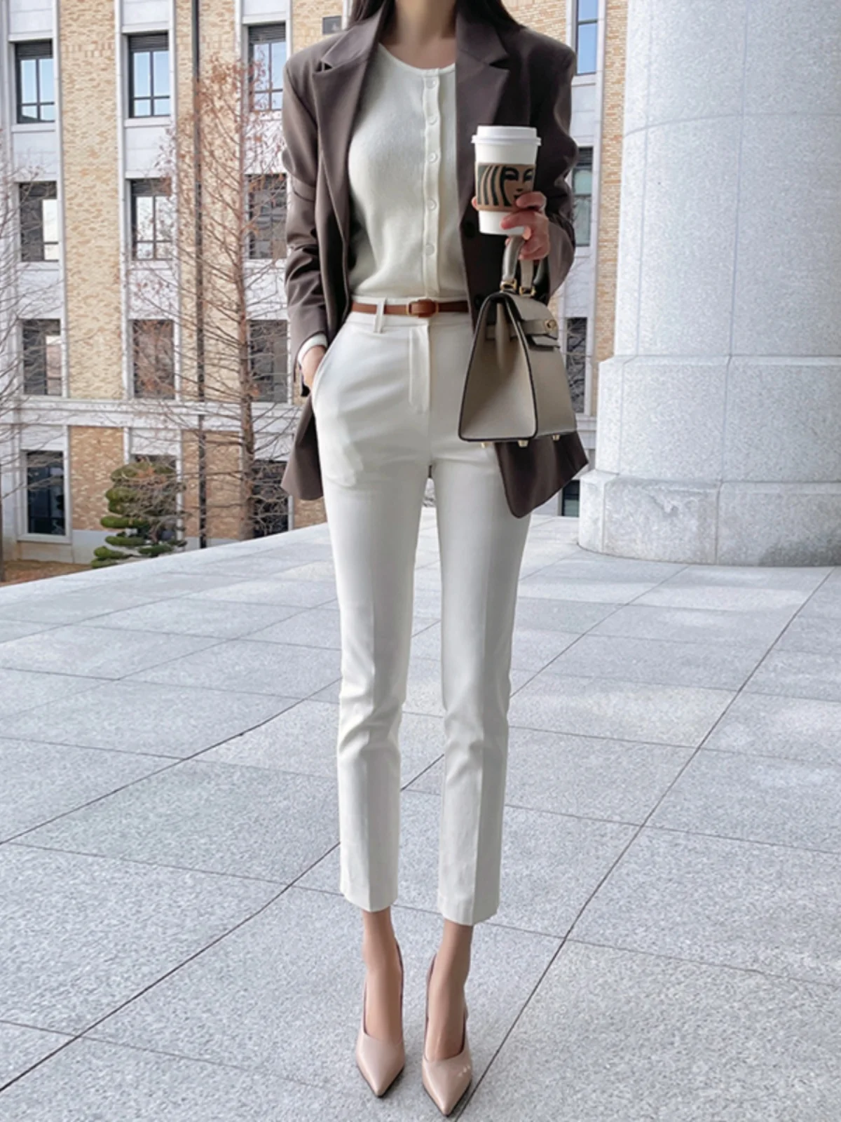 White Straight Leg Pants Women's Small Size Spring Autumn Nine Points Smoke Tube Casual Slim Fit Suit Pants High Waist