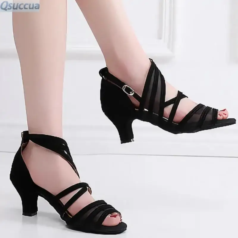 Latin dance shoes Women's adult dance shoes Mid-heeled square dance shoes Soft soled social dance leather plush sandals