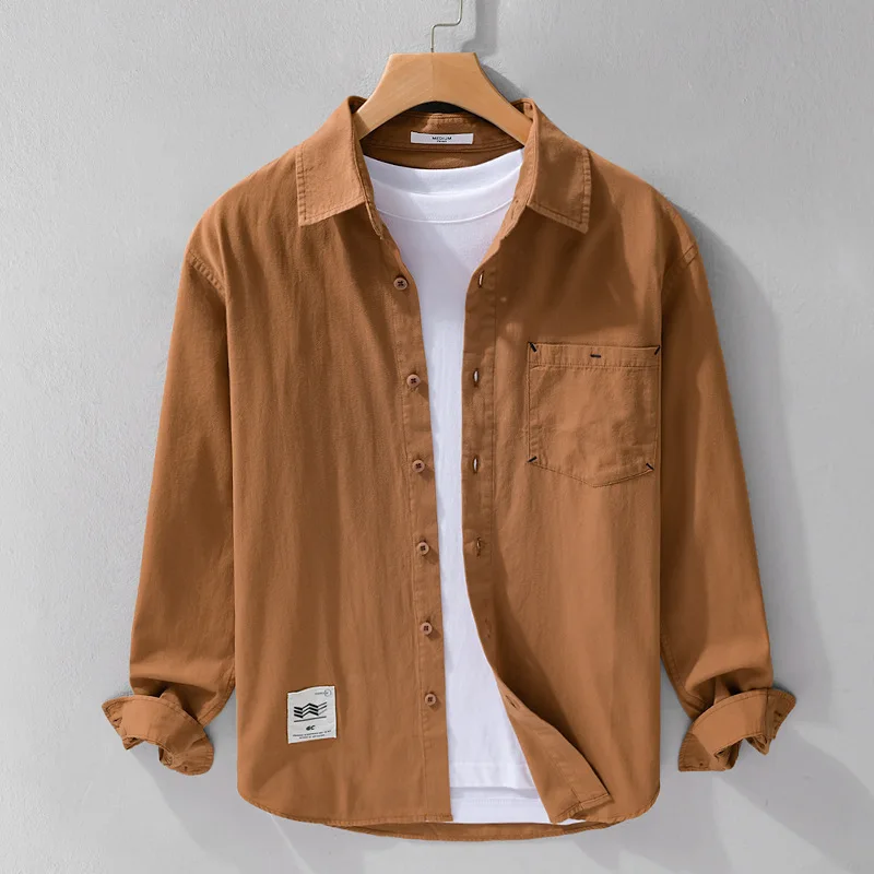 

Autumn Japanese retro men's simple long sleeved shirt casual simple loose solid color popular youth versatile fresh shirt