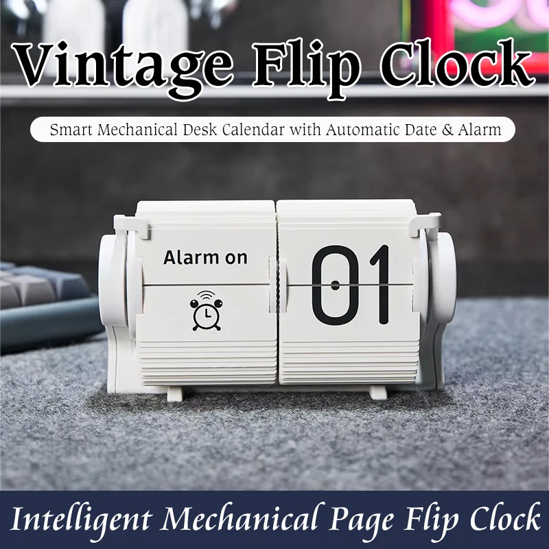 

Vintage Flip Clock - Smart Mechanical Desk Calendar with Automatic Date & Alarm,Retro Time Management Tool for Home Decor 탁상시계
