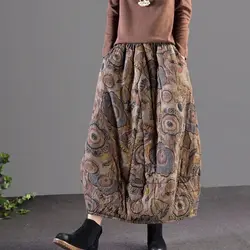 Women 2023 Winter Vintage Art Print Cotton Quilted Skirt Elastic Waist Warm And Thick Mid Length Cocoon Skirt Mujer Faldas Z3548