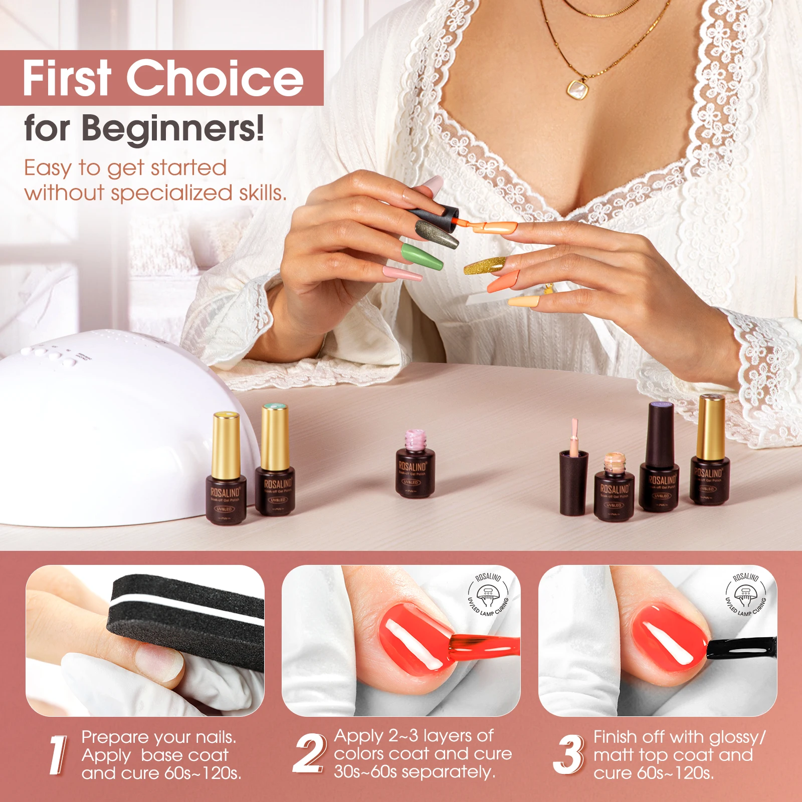 ชุดทำเล็บเจล ROSALIND 23 ชิ้น พร้อมเบสโค้ทและท็อปโค้ท เจลไฮบริดแบบลอกได้ด้วยน้ำยาล้างเล็บเจล ยูวีเจล กึ่งถาวร สำหรับตกแต่งเล็บ