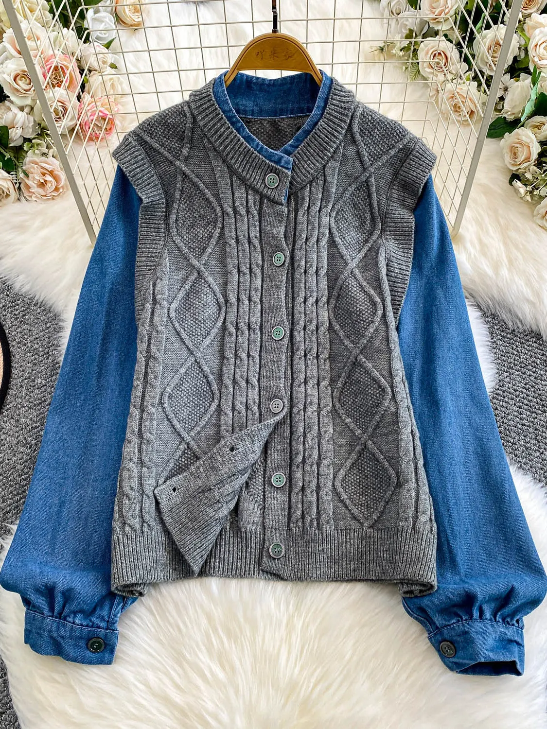 

Ele Loose Knitted Denim Jaet Women's Autumn Winter Lazy Sle Top Faionable Patchwork Fake Two-Piece Casual Outerwear