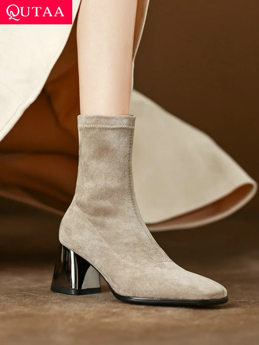 QUTAA 2023 Elegant Women Ankle Boots Flock Square High Heel Office Pointed Toe Ladies Shoes Woman Autumn Winter Size 34-39