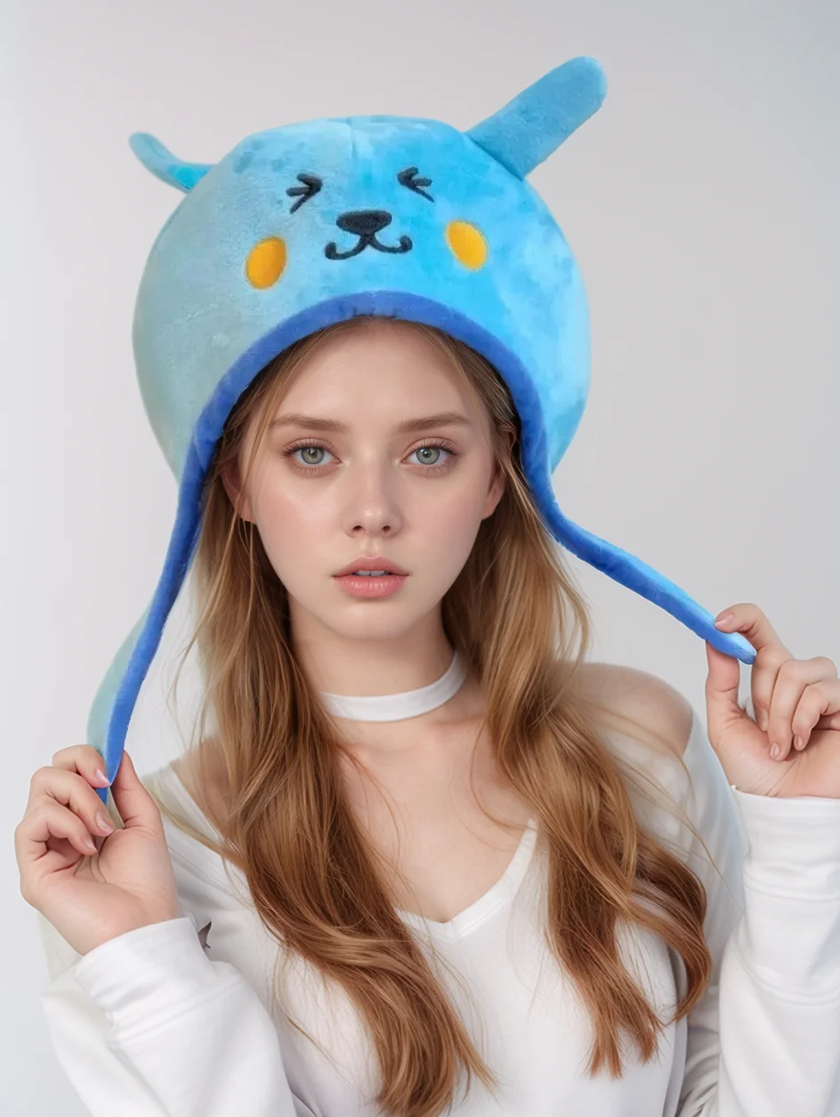 

Novelty Qoo Youth Adult Blue Cartoon Plush Hat Unisex Winter Warm Selfie Toy Cap Cute Japanese Kawai Hood Embroidered Bucket Hat