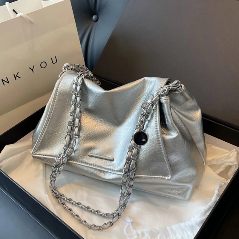 Ladies Handbag Women Fashion Bags Brand Designer Silver Shoulder Bag Large Capacity Female Bag Soft Leather Underarm Bag Totes