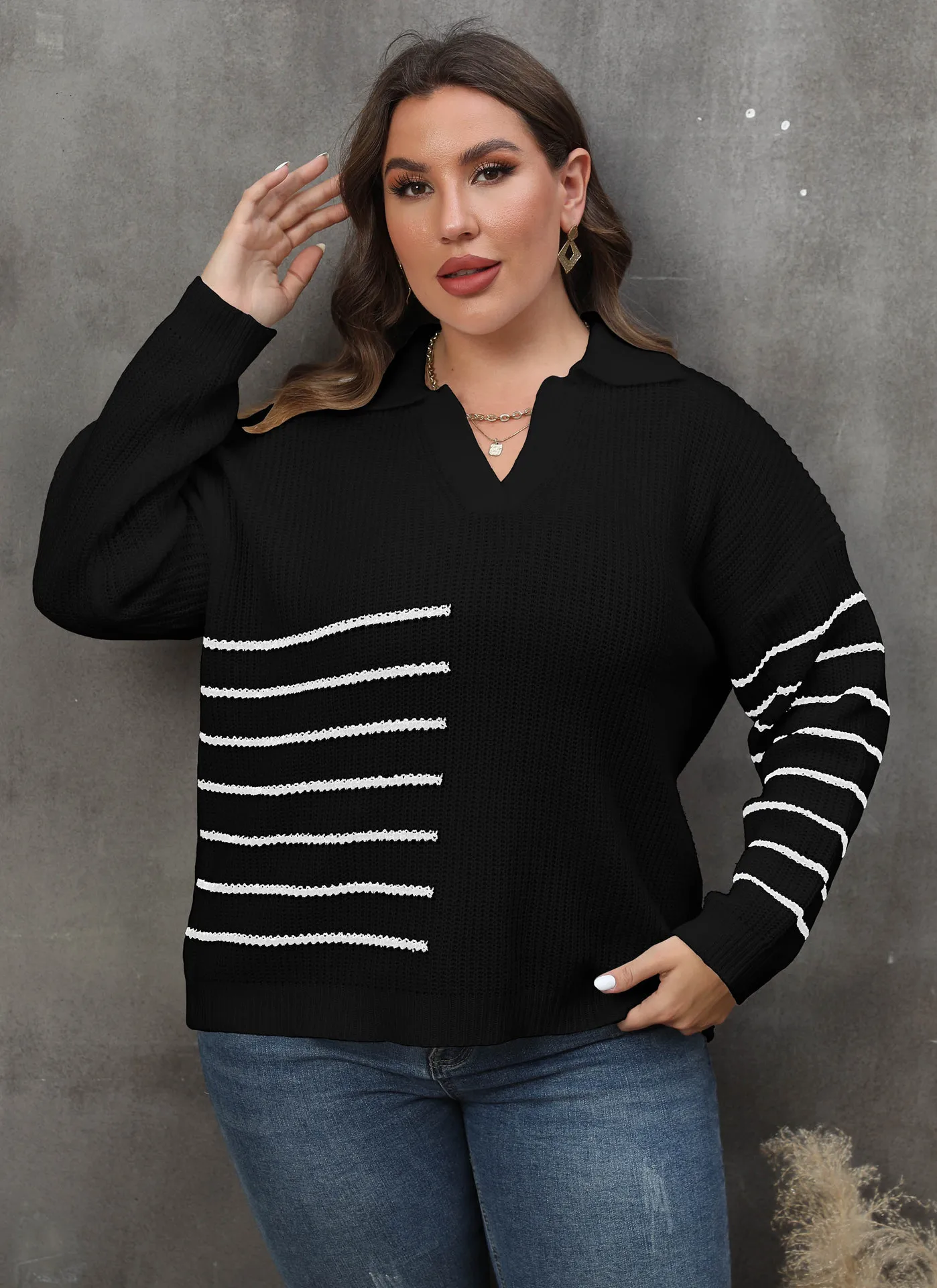 Women Pullover Sweatshirt Plus Size Fashion Woven Shirt Autumn New Color Collision Splicing Stripe Polo Neck Sweater Casual Tops