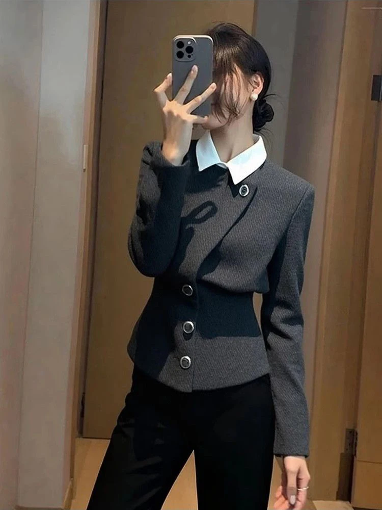 سترات نسائية خفيفة فاخرة بقصة ضيقة مكونة من قطعتين بدلة بأزرار مرقعة سترة خريف عتيقة للمكتب للسيدات قطع علوية بسيطة
