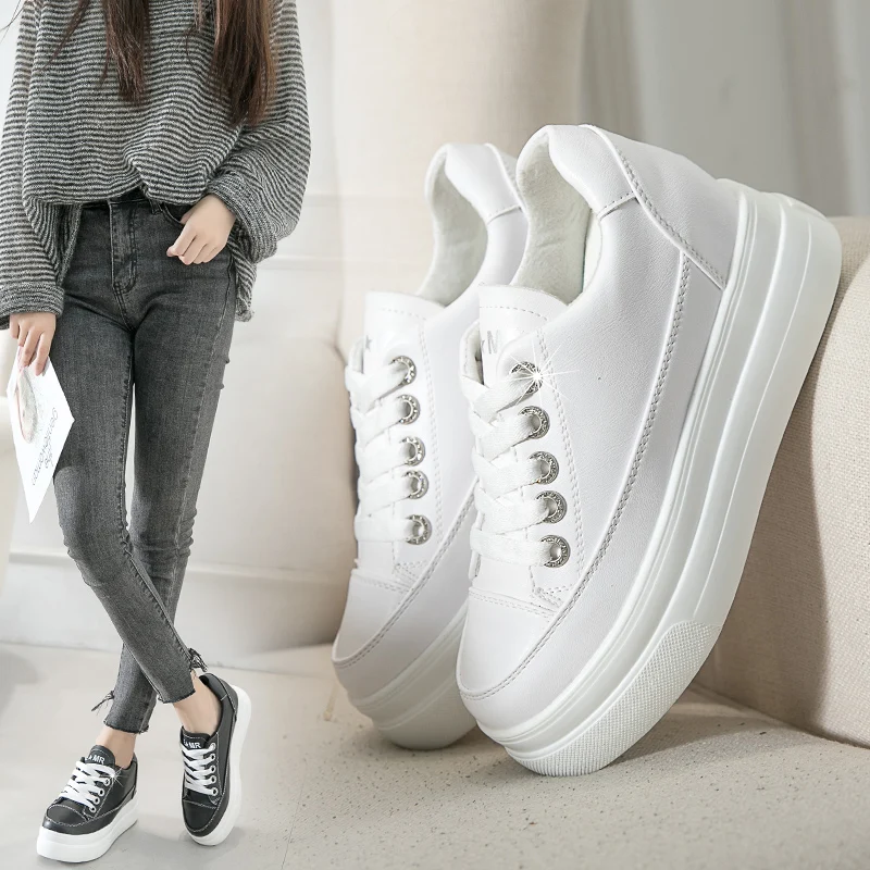 Women's Spring New Style Casual Thick Bottom High Top Shoes Korean Version Inner Heightening White Shoes round Toe PU Material