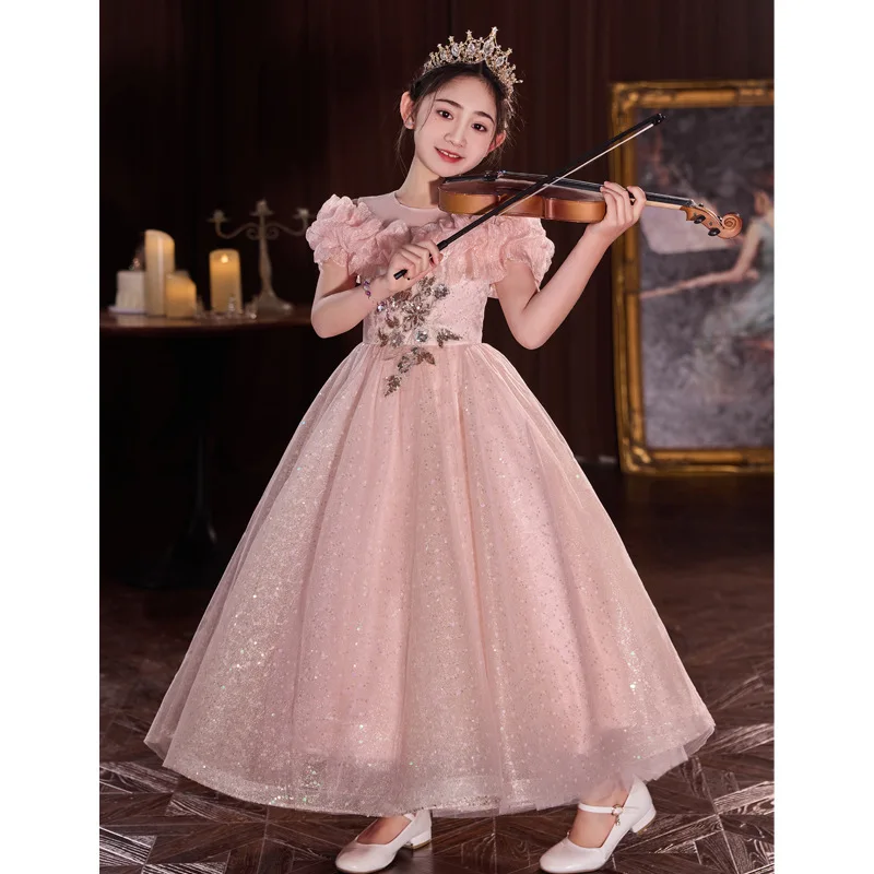 Girls' High-End Luxury Dress for Violin and Piano Performance, Little Girl Flower Girl Host Birthday Princess Dress