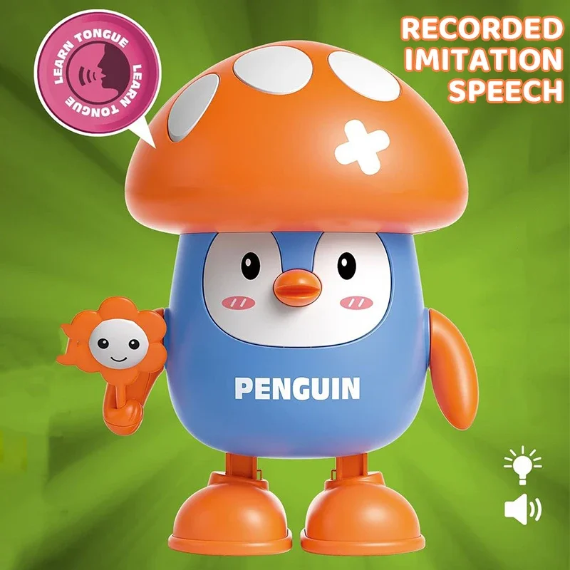 Baby Dance Mushroom Recording Tongue Talk Electric Penguin With Music Llight Cartoon Doll Sound Light Children's Education Toys