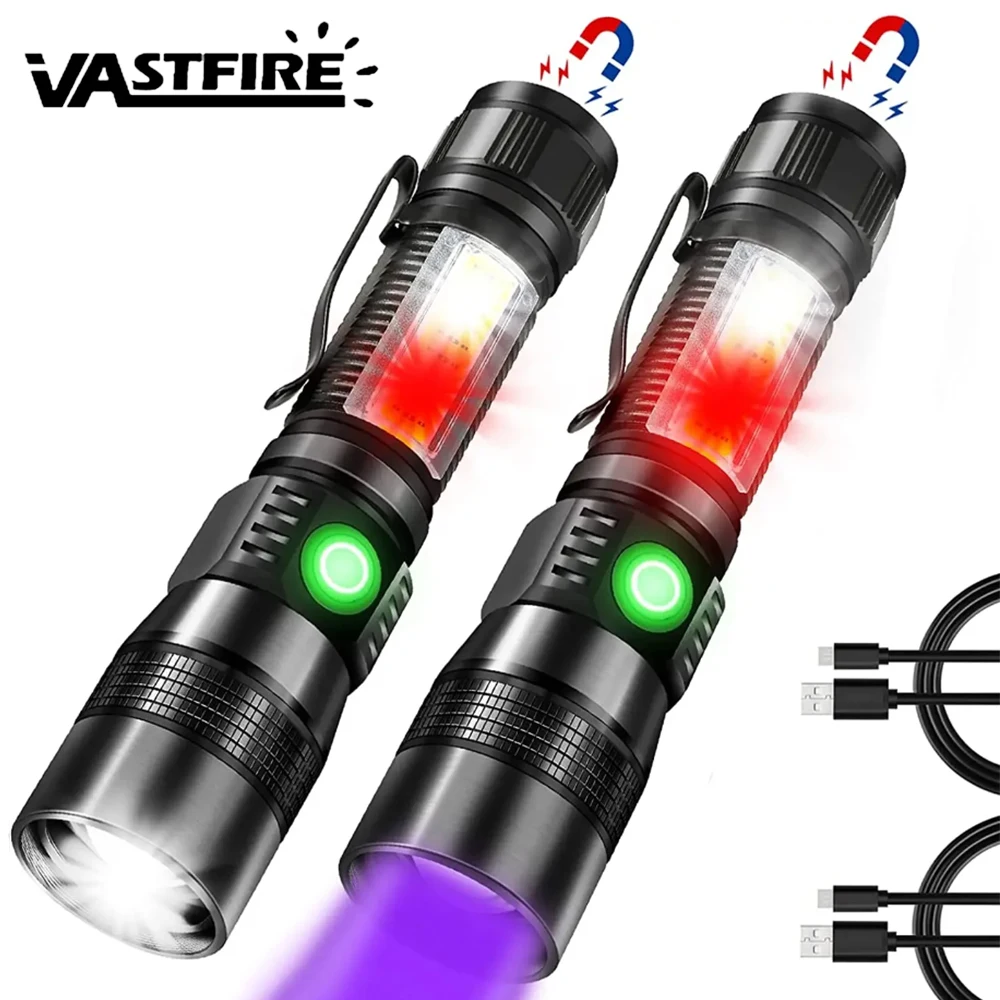 

3in1 Flashlight UV Light & Red light & Strong Light Zoomable Flashlight Magnetic LED Torch with COB Sidelight Rechargeable Torch