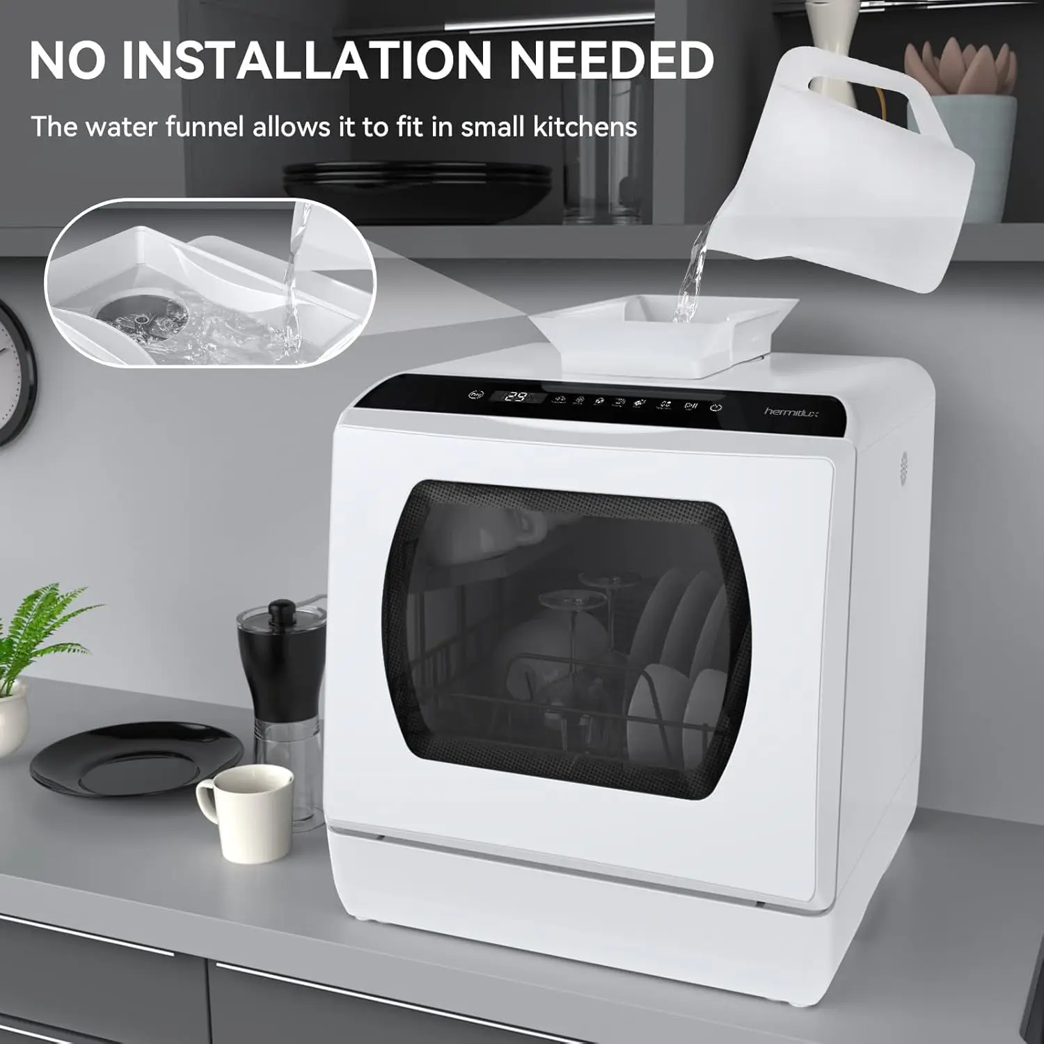 Dishwasher, 5 Washing Programs Portable Dishwasher With 5-Liter Built-in Water Tank For Glass Door