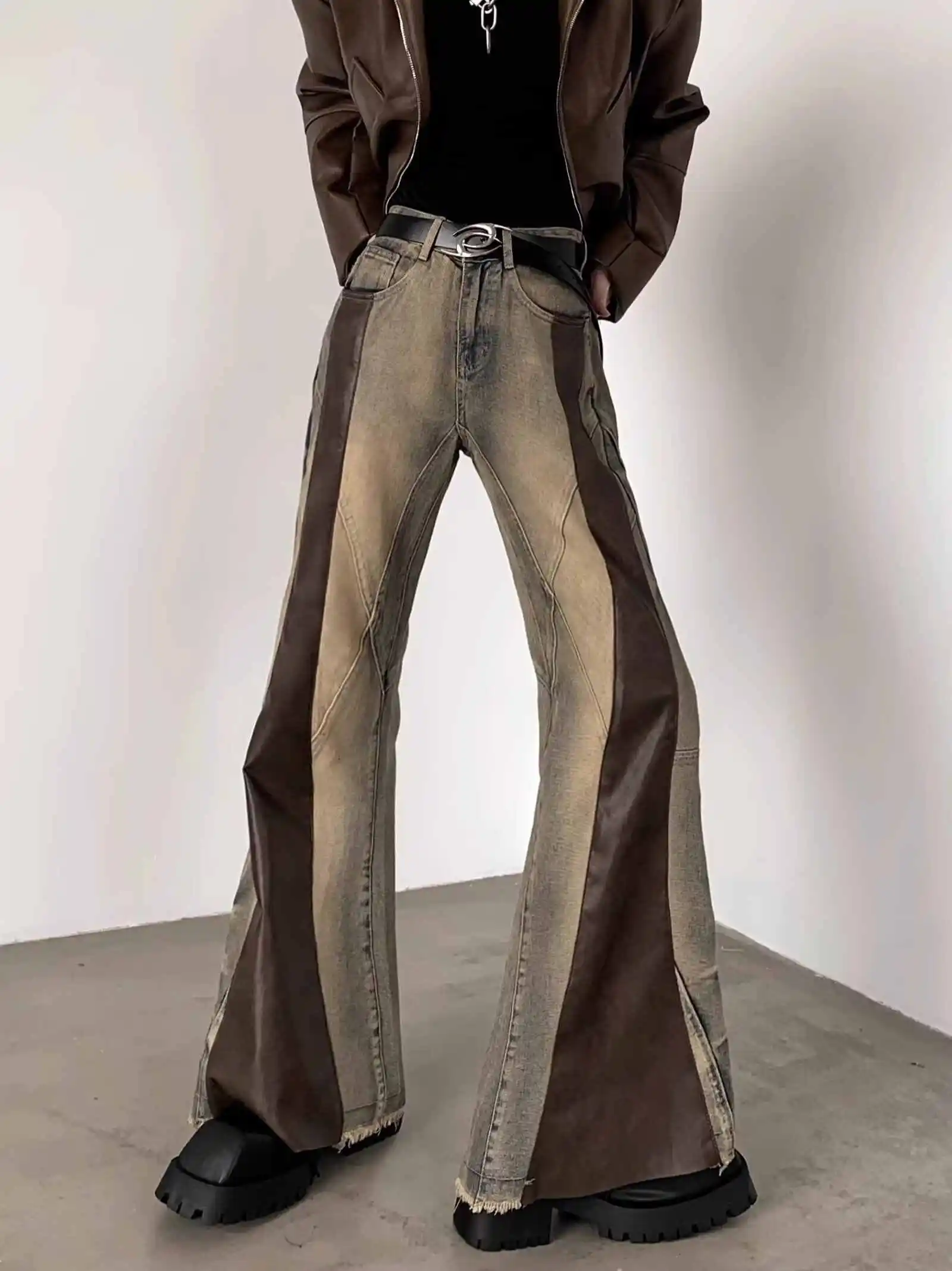 

Женские мешковатые джинсы в стиле пэчворк, расклешенные джинсы из искусственной кожи, японские дизайнерские джинсовые брюки Y2k, джинсы-клеш в американском стиле ретро, Harajuku 2000-х годов