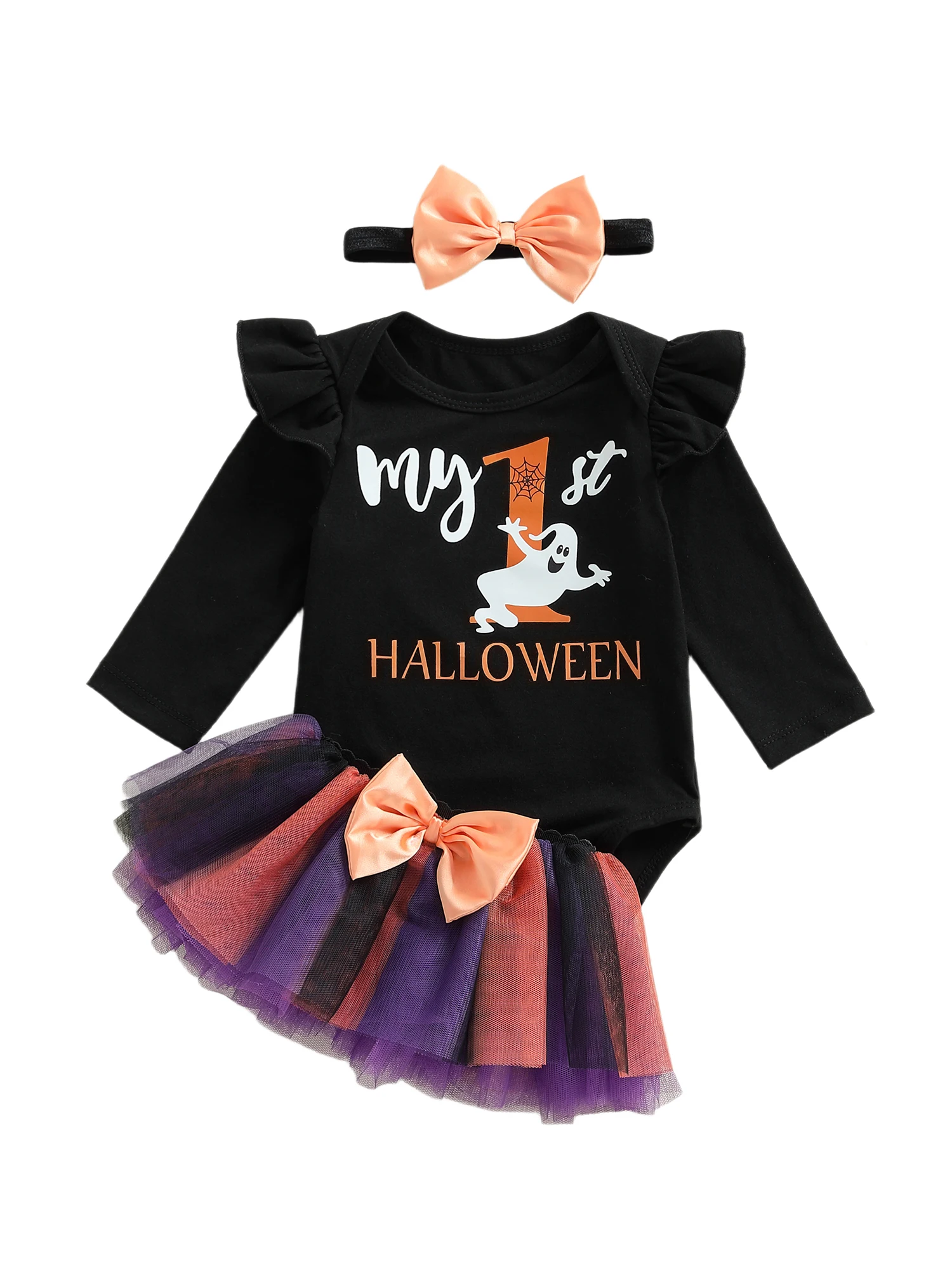 

Комплект одежды для маленьких девочек: комбинезон с длинными рукавами и принтом тыквы, юбка-пачка и подходящая повязка на голову для вечеринки на Хэллоуин