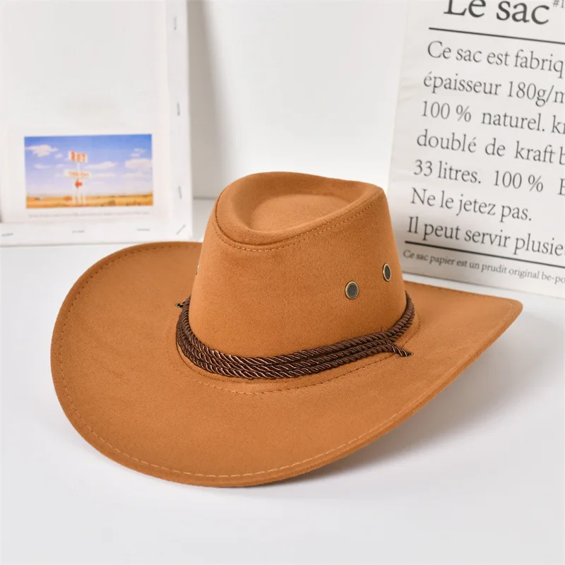 100 Percent Cotton Unisex Western Cowboy Hat Ethnic Style Wide Brim Sunproof Outdoor Travel Hat With Three Braided Rope Jazz Kni