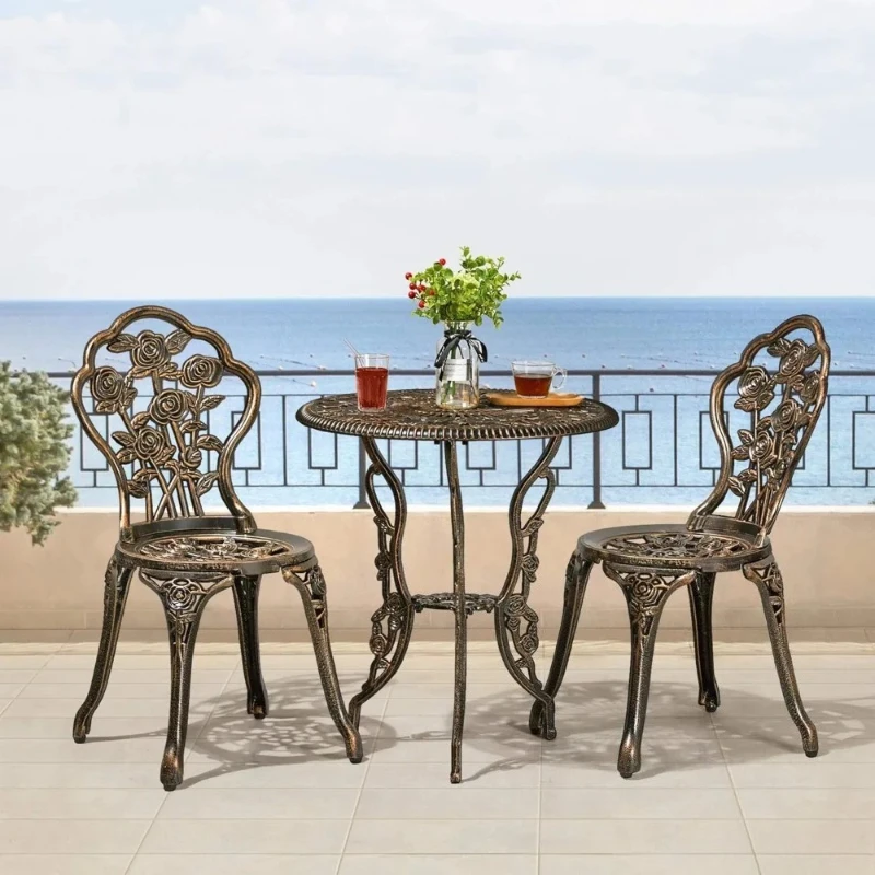 3-Piece Outdoor Bistro Set w/Rose Design, Rust-Resistant Cast Aluminum Table and Chairs w/Umbrella Hole for Balcony Backyard Ga