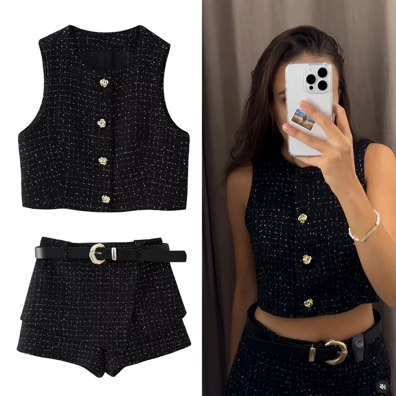 TRAF Women 2024 Black Sleeveless Crop Vest Short Sets 2 piece sets Women Outfit Short Vest Woman Tweed Cropped Vest Coat Suit