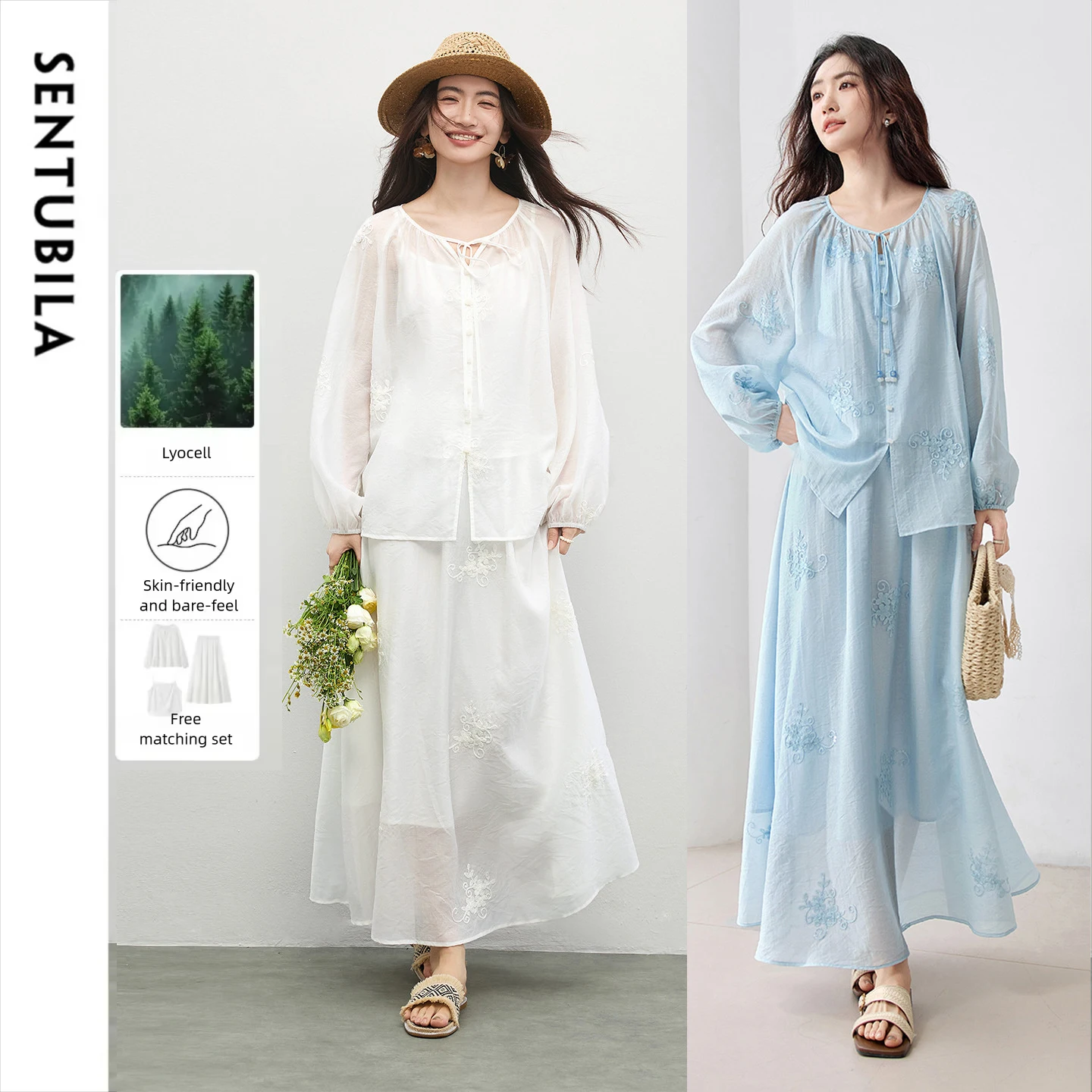 

SENTUBILA 3 Piece Skirt Set Women Outfit 2026 Spring Embroidery Lyocell Puff Sleeve Shirt Long Skirt Lady Matching Set 161ZK4738