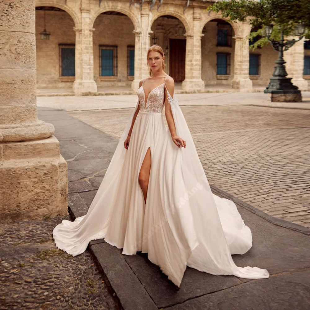 

Classic Side High Slit Wedding Dresses For Women Fascinating A-Line Bridal Gowns Mopping Length Ball Vestido De Novia Customized