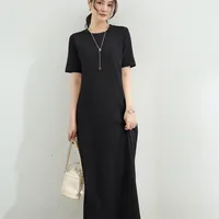 Women's Short Sleeve Dress round Neck Extended Length Casual Sensation Thread Feel Pure Color Summer Long Dress