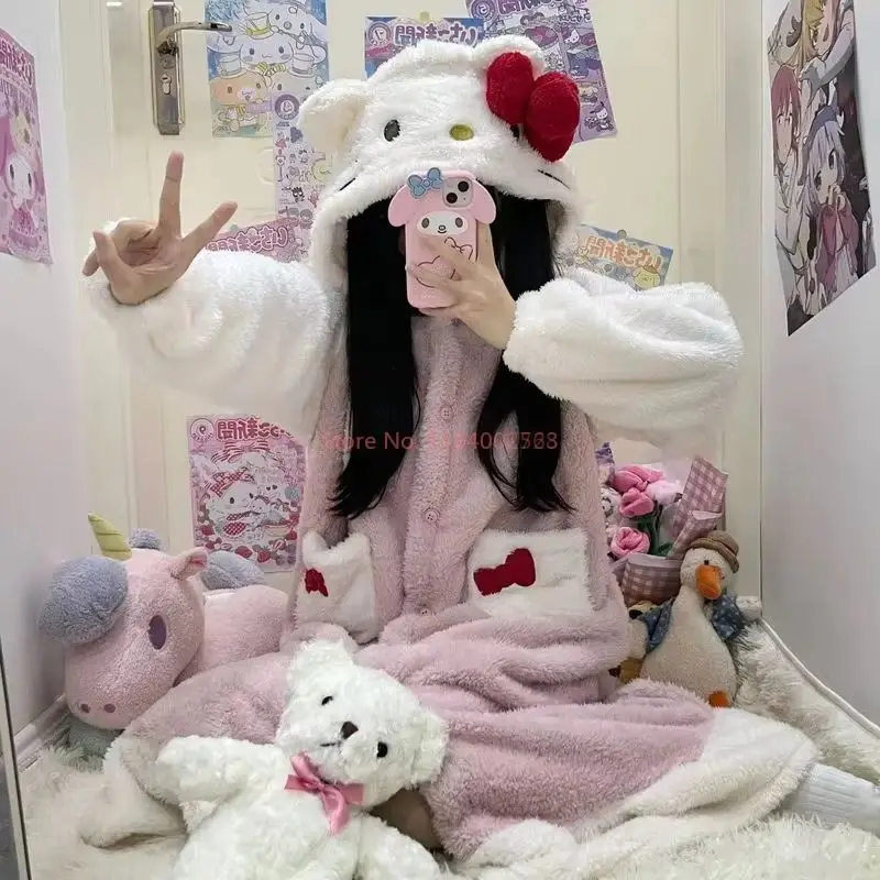 Hello Kitty Pajamas Female Long Robe Wear Thicken Coral Velvet Hooded Bathrobe Gown Autumn Winter Loose Sleepwear Home Dress