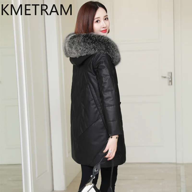 100 % Schaffell-Daunenmäntel für Damen, echtes Leder, schwarze Pufferjacke mit Kapuze, Fuchspelzkragen, 2025, Winterkleidung für Damen