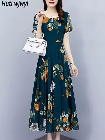 2024 Floral Chiffon Casual Boho Beach Holiday Sundress Women Elegant Bodycon Party Long Dress Summer Vintage Prom Evening Dress