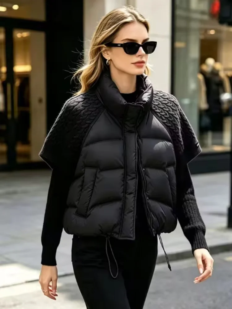 Winter Turtleneck White Duck Down Vest Women 2026 New Patchwork Knitted Warm Drawstring Short Soft Puffer Down Waistcoat