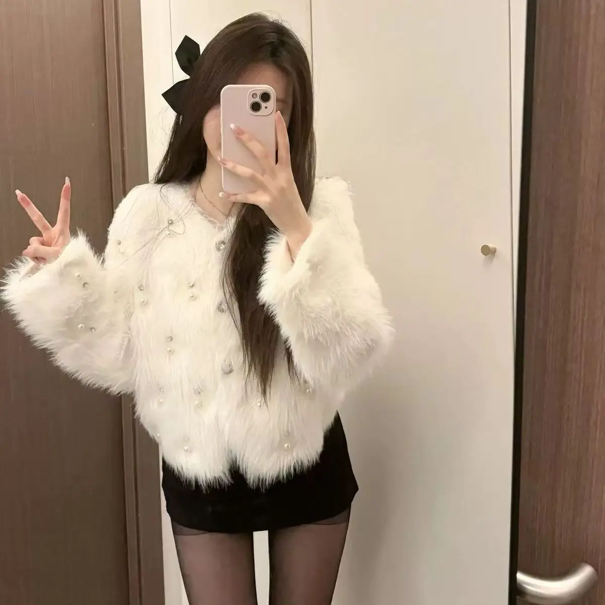 

Korean Pearl Button Knitted Mink Heavy Beaded Cardigan Sweater For Women Casual Thickened Warm New Style Fashion Loose Jacket