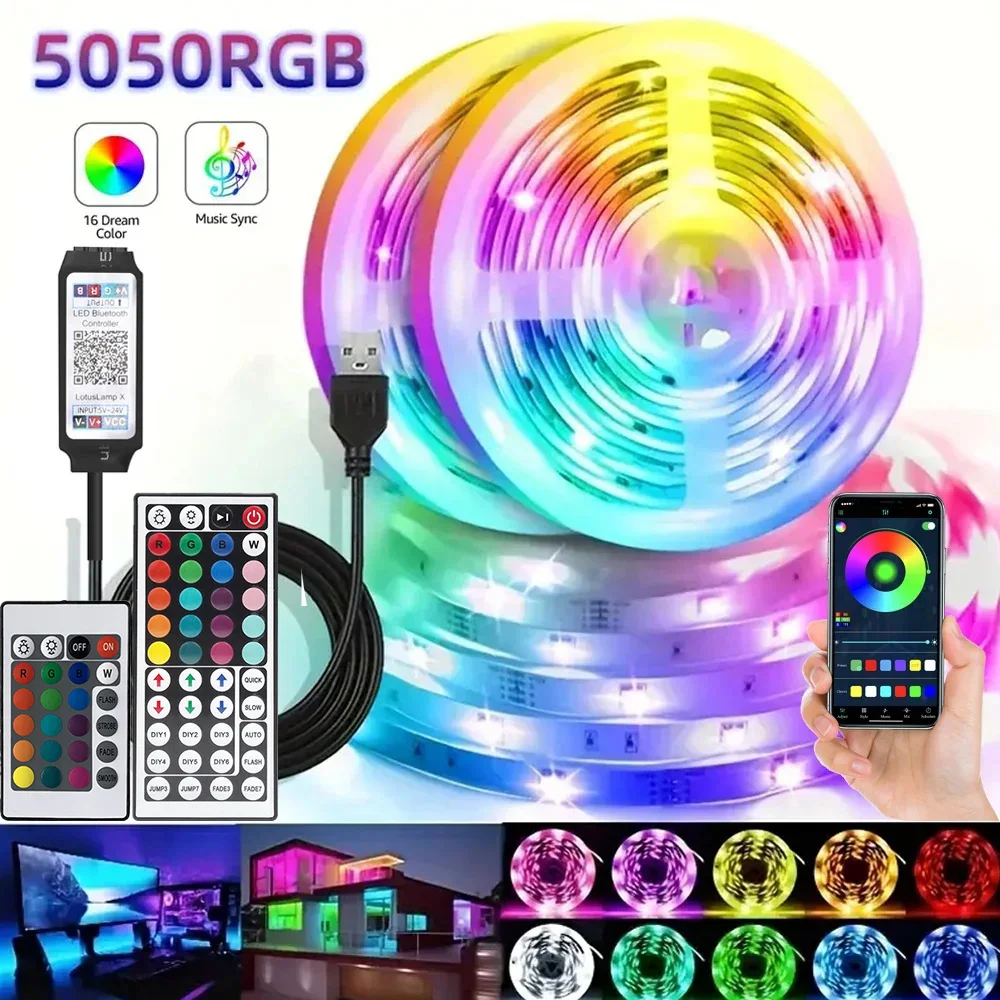 Inteligentna taśma LED RGB do gier, podświetlenie USB, lampki świąteczne, synchronizacja z muzyką, elastyczna taśma, sterowanie aplikacją i pilotem, do pokoju gracza, podświetlenie telewizora.