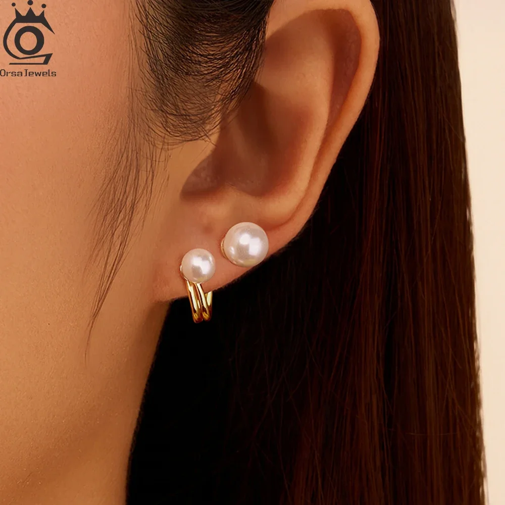 

ORSA JEWELS Elegant Shell Pearl Stud Earrings for Women 925 Sterling Silver Party Shell Round Cut Piercing Earings Jewelry PSE05