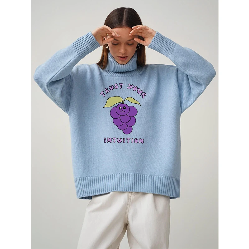 Women's Gothic Aesthetics Sweater, Creative Letter, Grape Pattern, Loose Knit Sweater, Retro Fashion, Winter, New