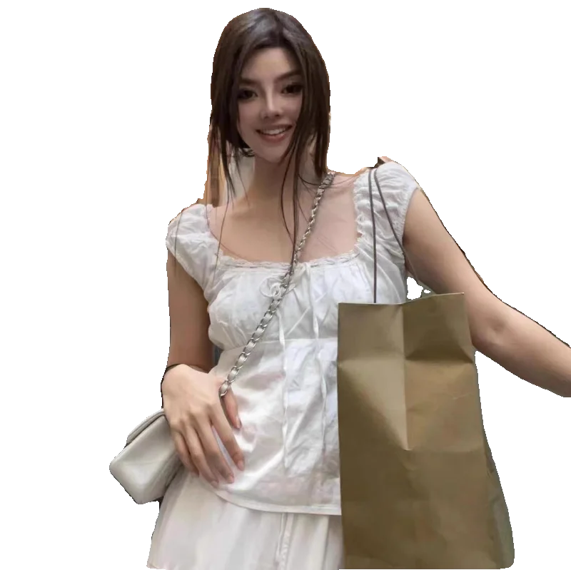 

Женская футболка с широким воротником и кружевной отделкой BM Sle, брендовый белый утягивающий топ с узлом спереди, летний милый слей