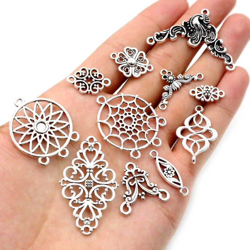 New Antique Silver Plated Bronze Alloy Metal Connector Charms Pendant Flower Vintage Small Charms DIY Neckalce Jewelry Fidings