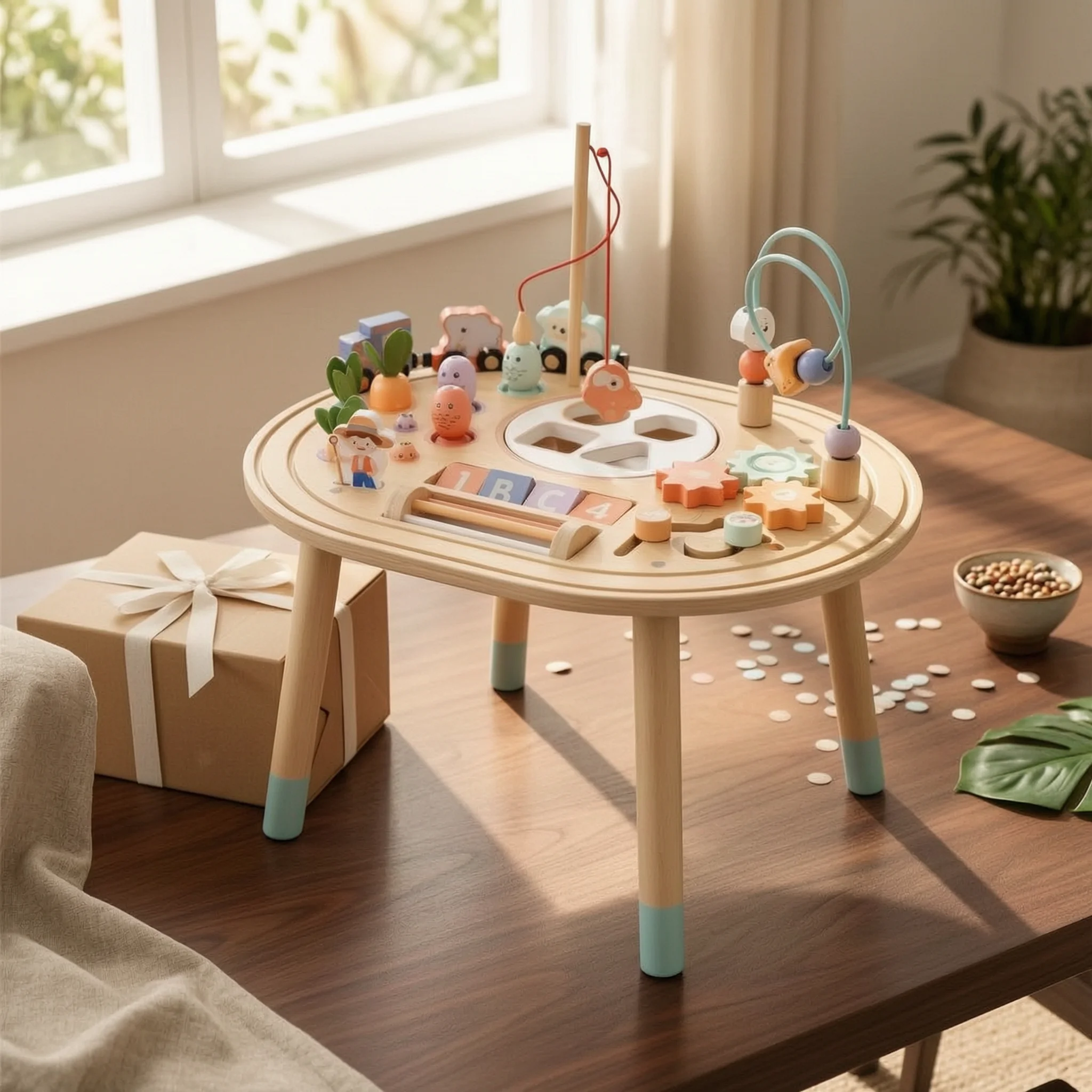 発達活動テーブル-手と目の協調木製アクティビティテーブル-子供用学習玩具-安定したベース-子供用家具