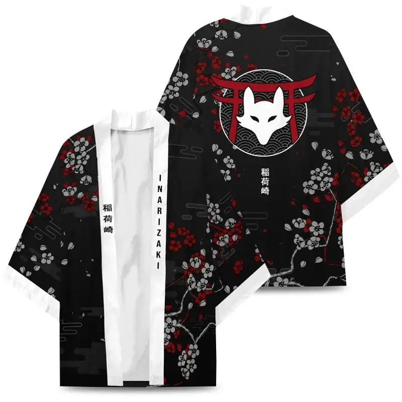 Women Inari Fox Printed Kimono Men Lightweight Japanese Kimono Streetwear 3/4 Sleeve Open Front Cloak Anime Cosplay Costume