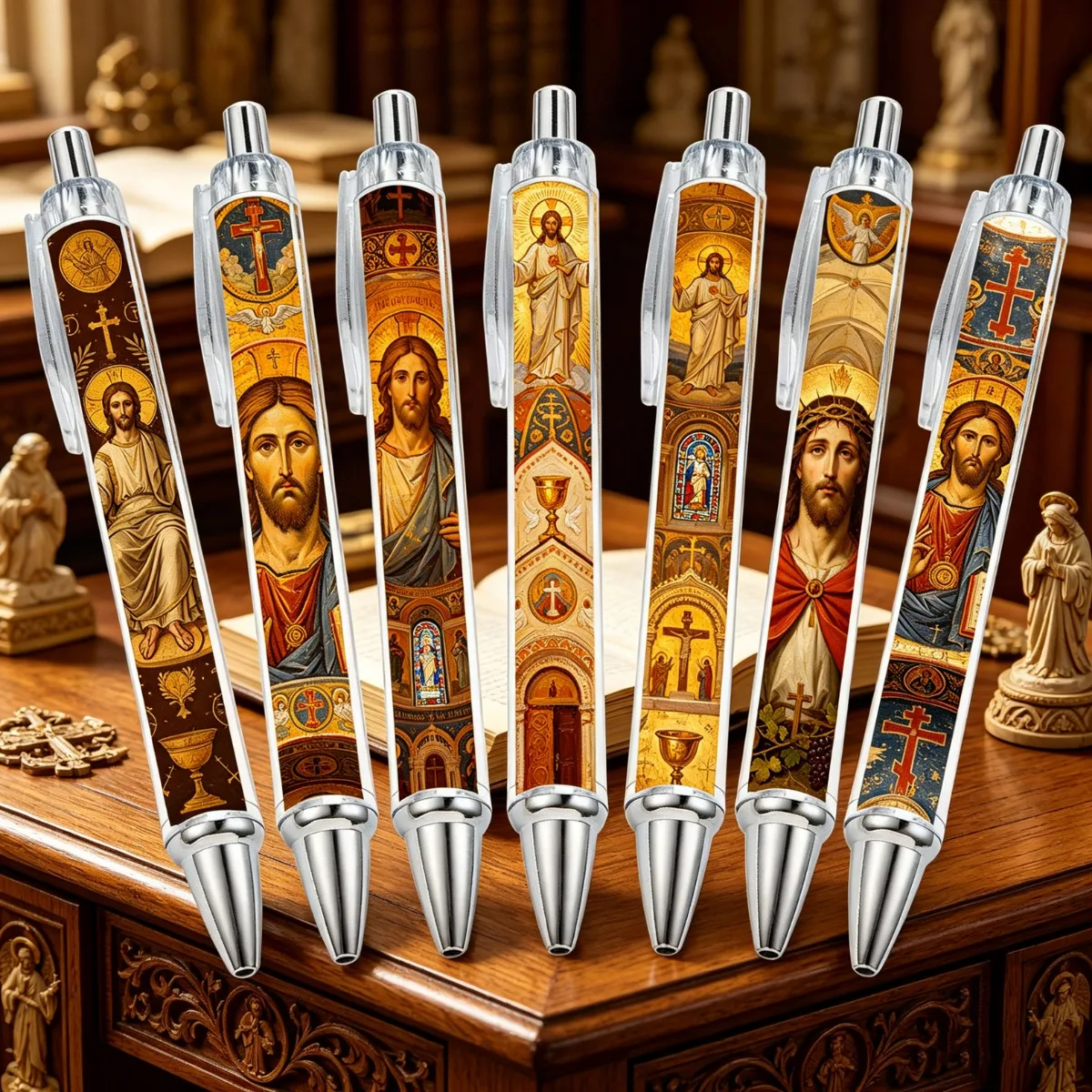 7PCS Christian round Ballpoint Pen Set with Vintage Jesus Image Religious Writing Pens for Office Supplies Black Ink Easter Gift