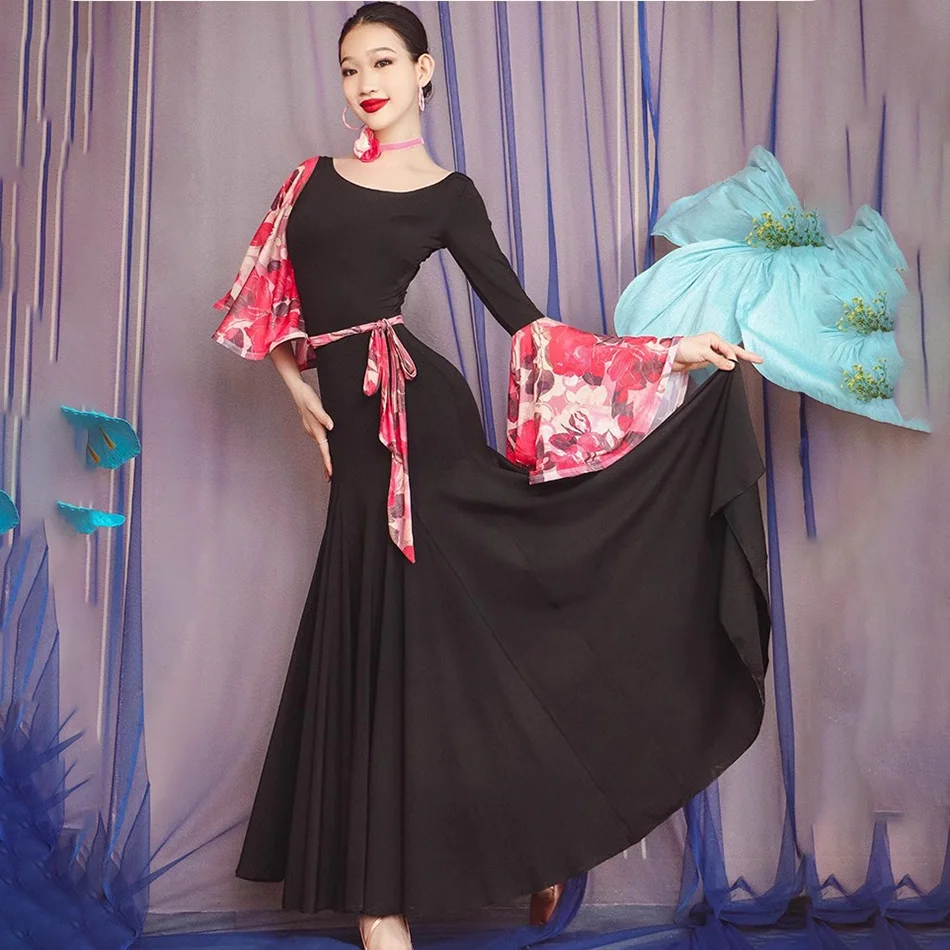 2023 moderne Floral Lotus Hülse Patchwork Weiblichen Latin Dance Kleid Frauen Ballroom Dance Samba Rumba Bühne Leistung Dancewear