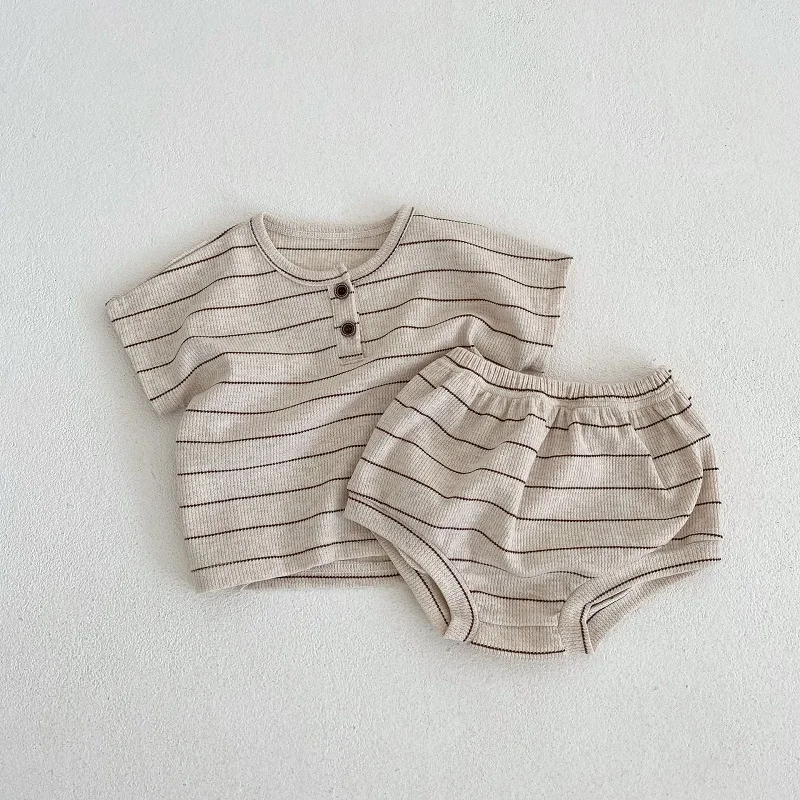 Summer baby and toddler clothes for girls cute casual stripes short sleeved top and shorts set, pure cotton boy clothes