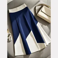 Temperament Contrasting Color Slim Fit A-line Umbrella Long Pleated Skirts Korean Fashion Clothing Vintage Jupe Faldas Mujer