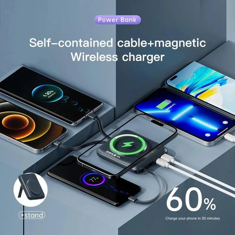 Магнитный аккумулятор USB Type C 2025 Q12 быстрая зарядка с кабелем компактный портативный беспроводной цифровой дисплей мобильный источник Фото №5