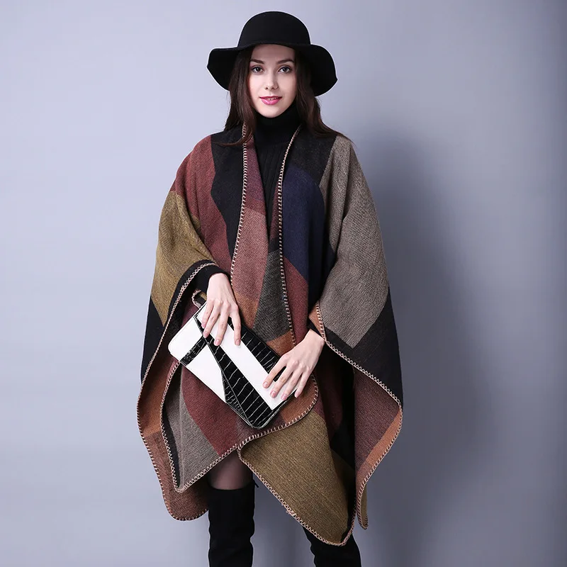 Autumn Winter Women Travel Shawl Imitation Cashmere European National Style Fork Thickened Cloak Ponchos Capes Blue
