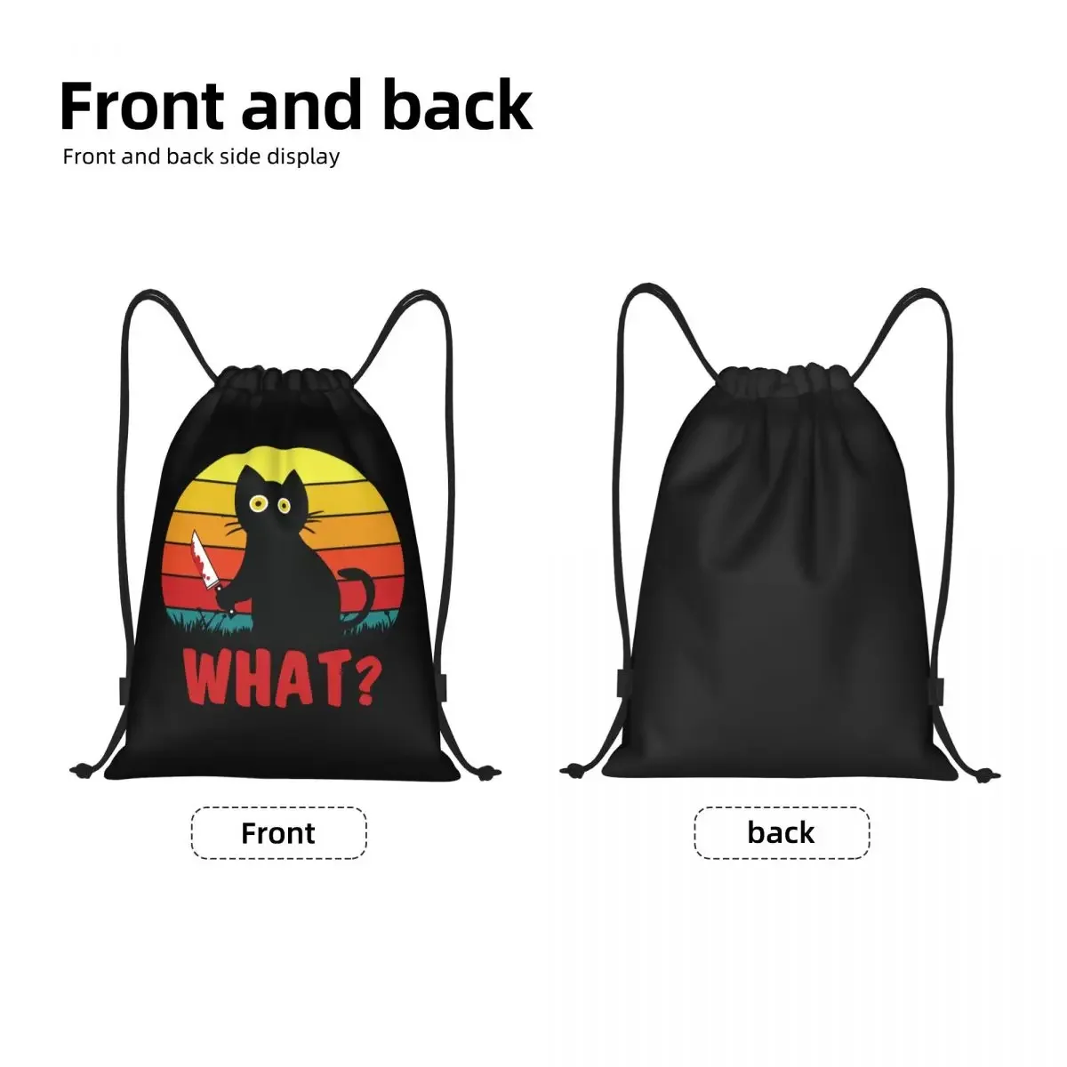 Vintage Black Cute Cat What Drawstring Backpack Sports Gym Bag  Murderous  With Knife Halloween Gift Shopping Sackpack