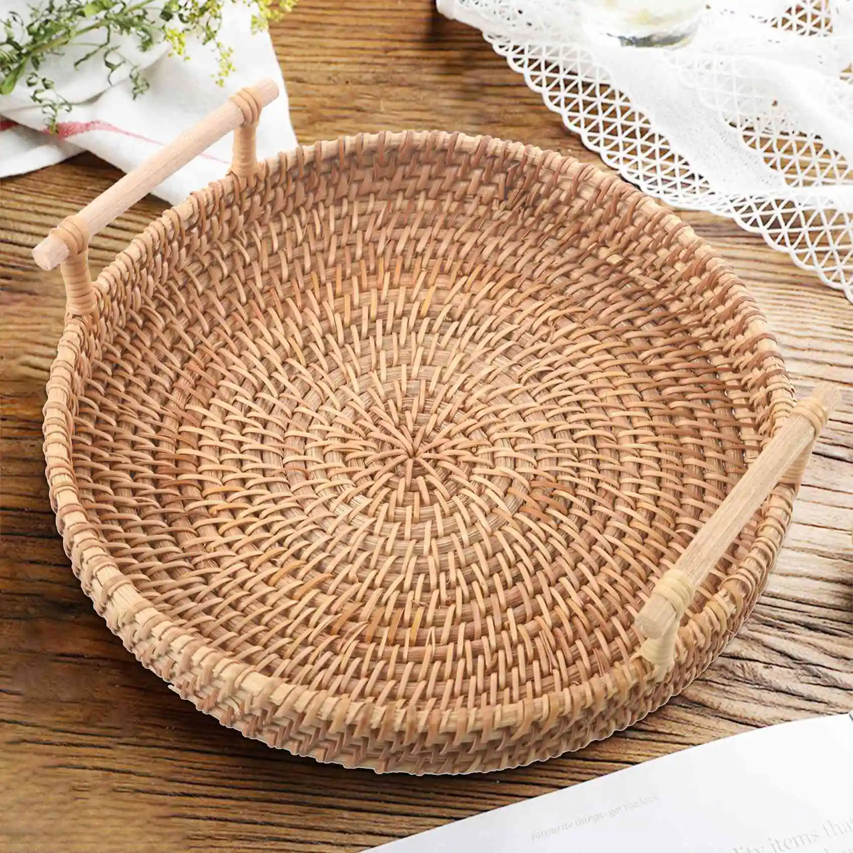 Rattan Bread Basket Round Woven Tea Tray With Handles For Serving Dinner Parties Coffee Breakfast (8.7 Inches)