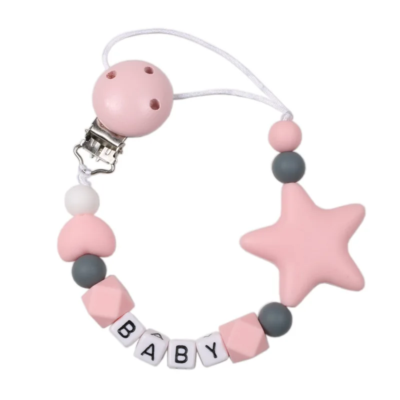 

Personalized Name Pacifier Clips Nipple Holder Chain Star Heart Silicone Teething Beads Baby Shower Gift