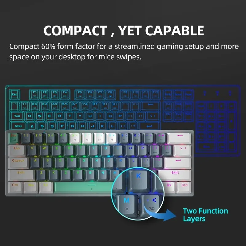 Machenike K500-B61 Mini 2 Mechanical Keybaord 60% Form Factor 61 Key Wired Gaming Keybaord Hot-Swappable NKRO RGB Backlit For PC