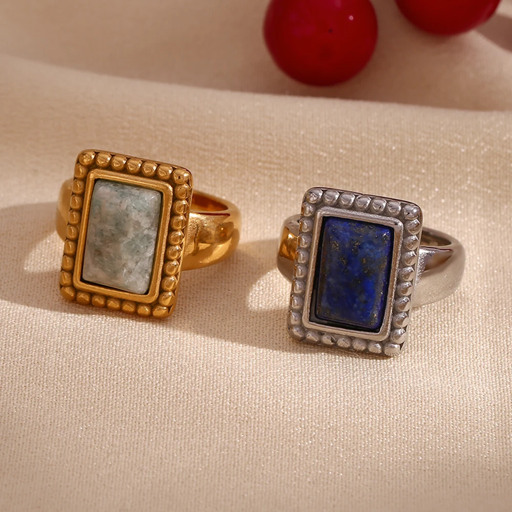 E.B.belle Lace Rectangular Natural Stone Amazonite Ring 316L Stainless Steel Women's rings 18K Gold Plated Accessories